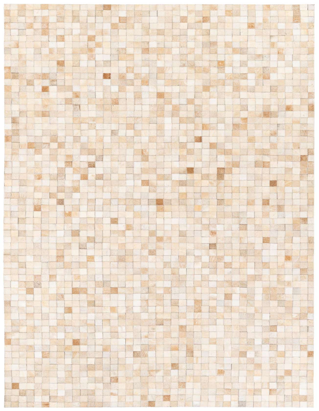 A 5x8 rectangular Cowhide Stocks rug featuring a modern mosaic pattern of ivory and cream cowhide squares.