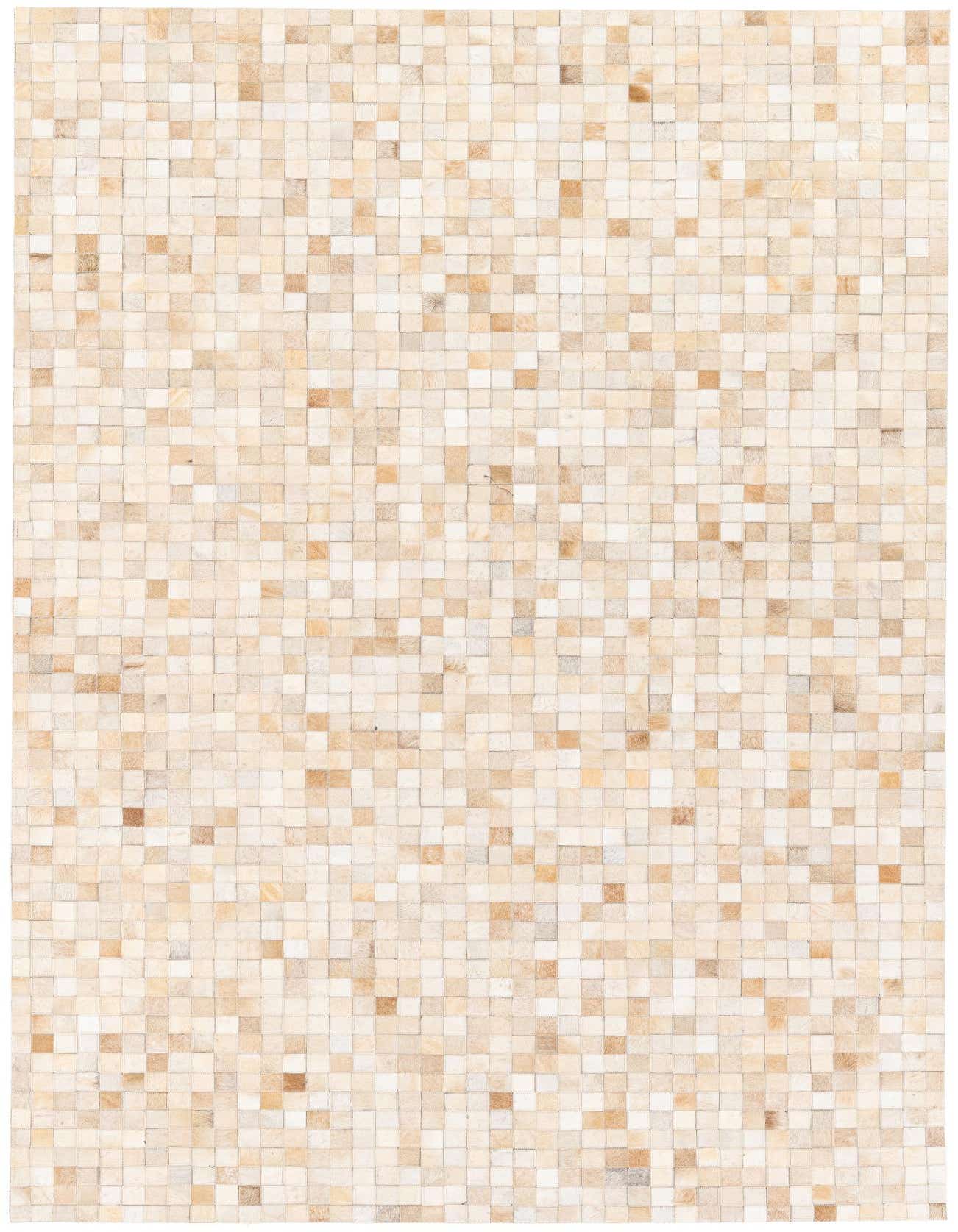 A 5x8 rectangular Cowhide Stocks rug in ivory and cream, featuring a modern patchwork of small, square cowhide pieces.