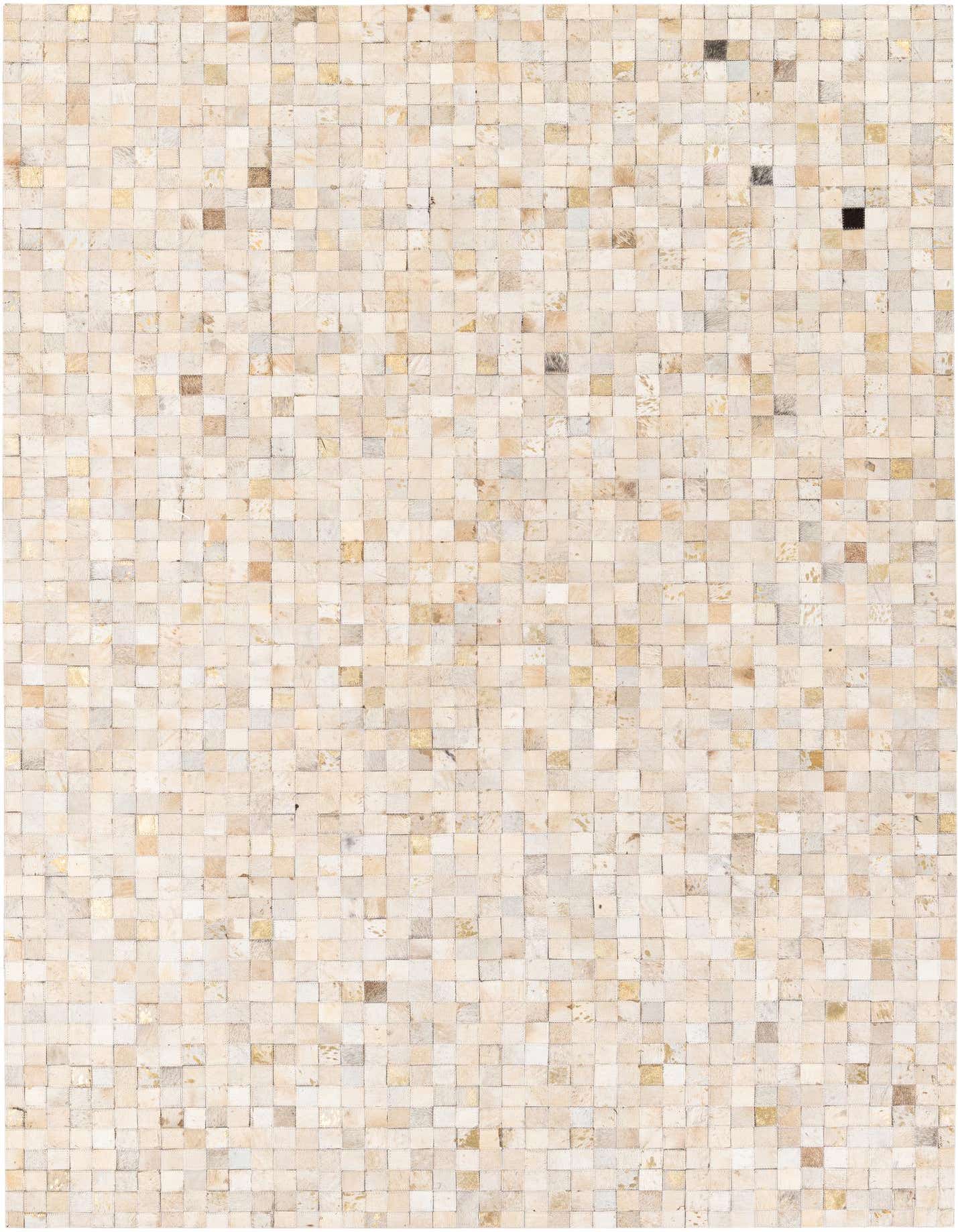 A rectangular 5x8 modern area rug made from ivory and cream cowhide and leather squares, perfect for a living room.