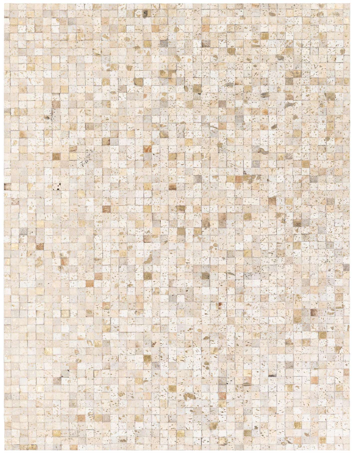 A 5x8 rectangular Cowhide Stocks rug in Ivories / Creams, featuring a modern patchwork of small square cowhide and leather pieces, ideal for a living room or bedroom.