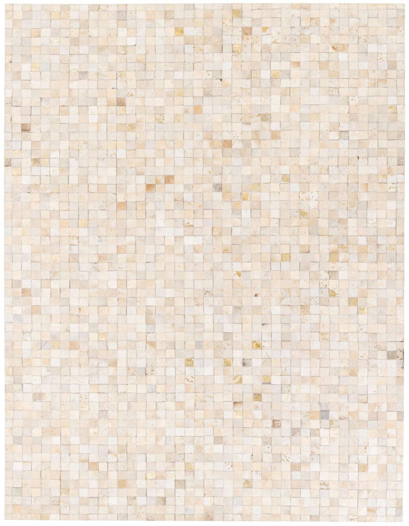 A 5x8 rectangular ivory and cream patchwork cowhide rug with a geometric pattern, suitable for a living room.