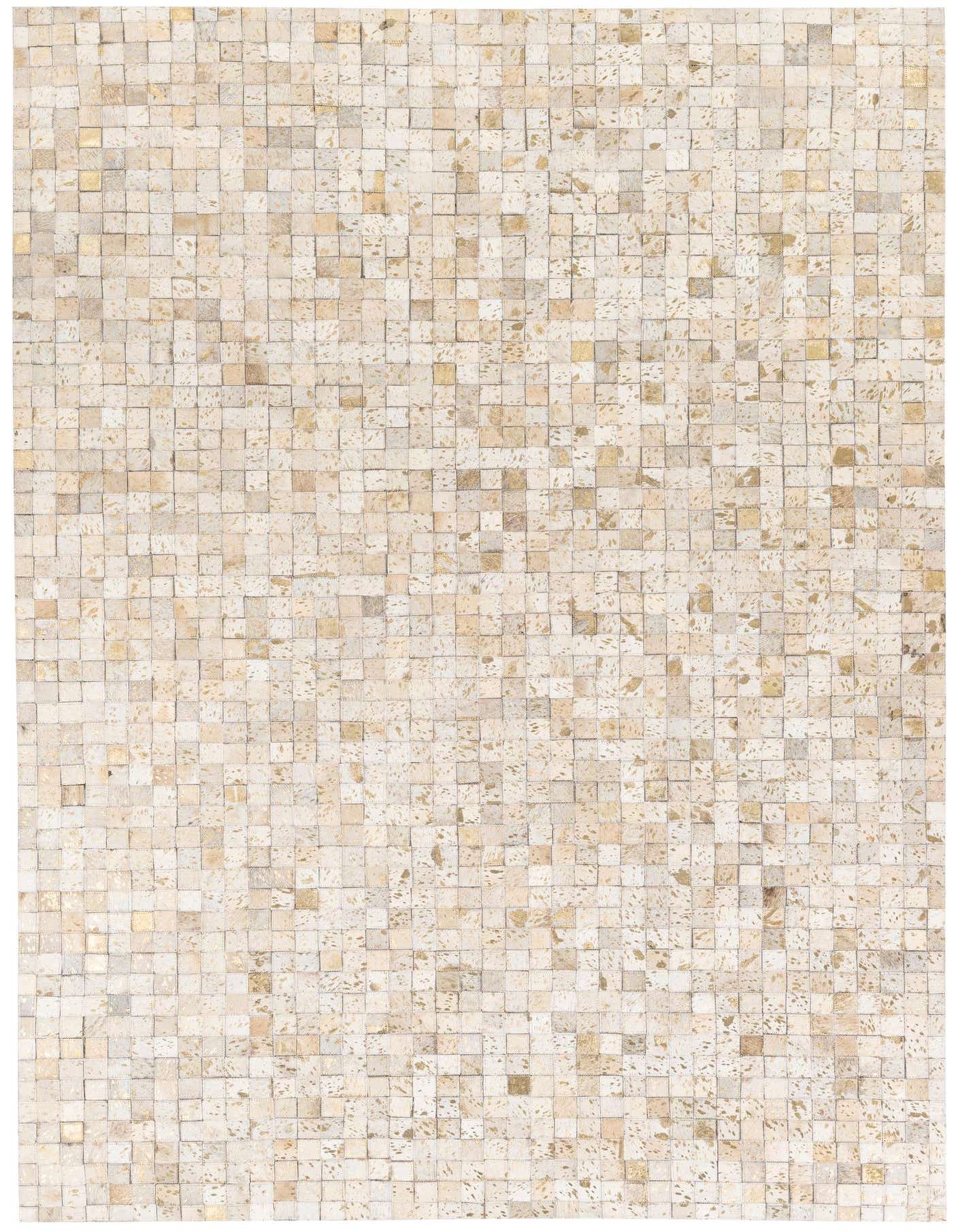 A rectangular 5x7 modern rug featuring a mosaic pattern of ivory and cream cowhide squares, with subtle gold speckles.