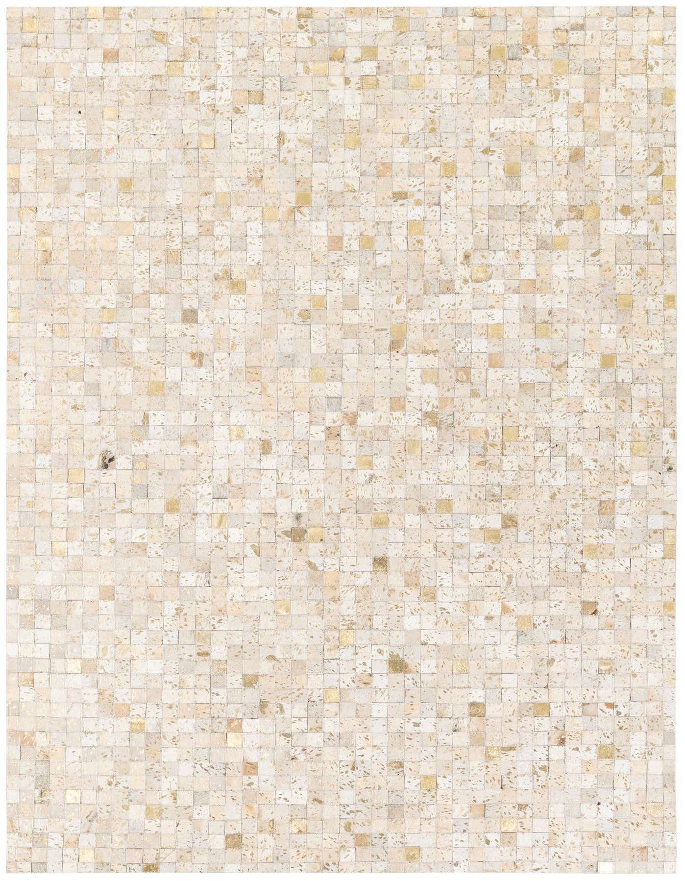 A 5x8 rectangular Cowhide Stocks rug in ivories and creams, featuring a modern patchwork design, ideal for a living room.