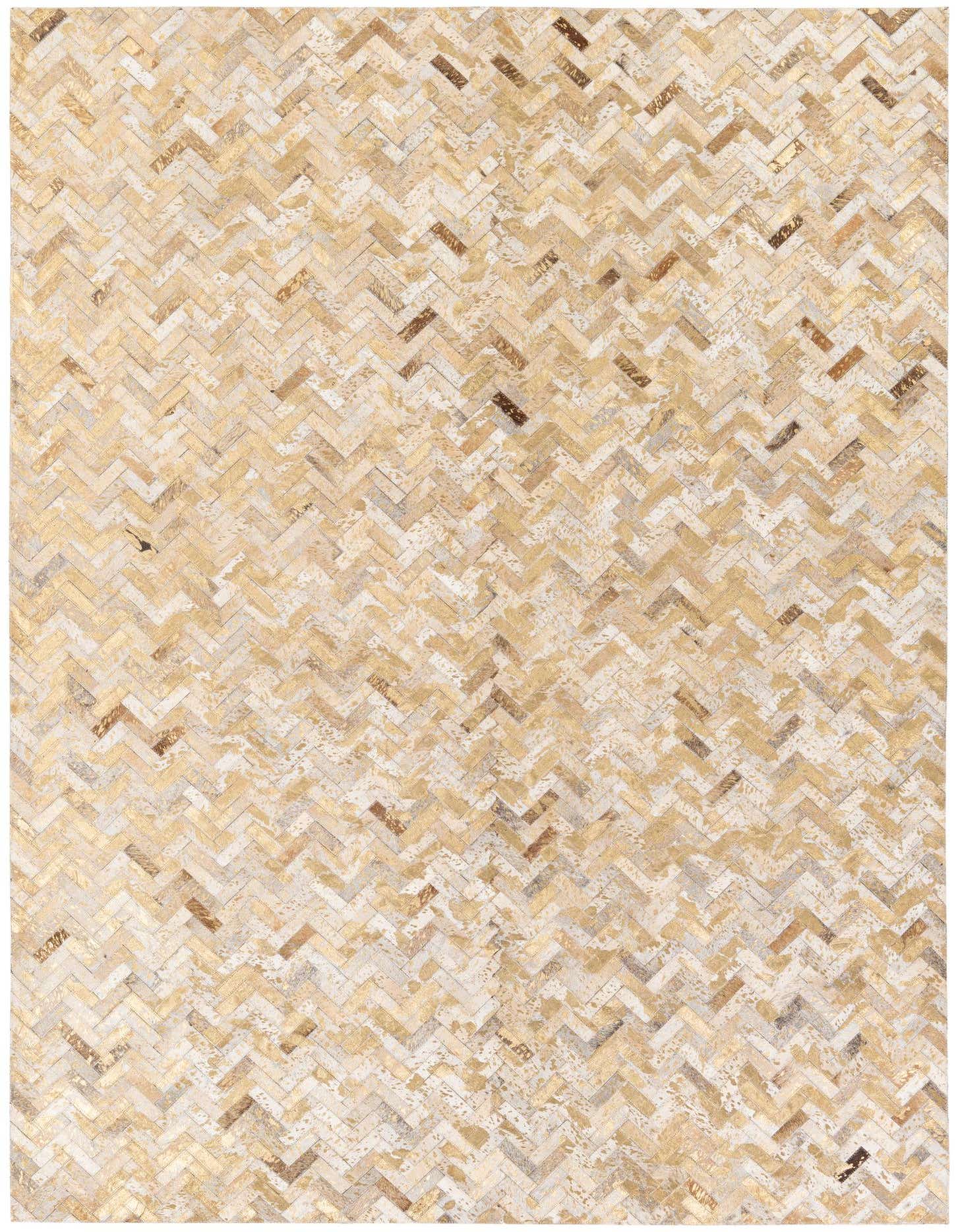 A 5x7 rectangular modern cowhide rug featuring an ivory and cream herringbone pattern with subtle brown accents.