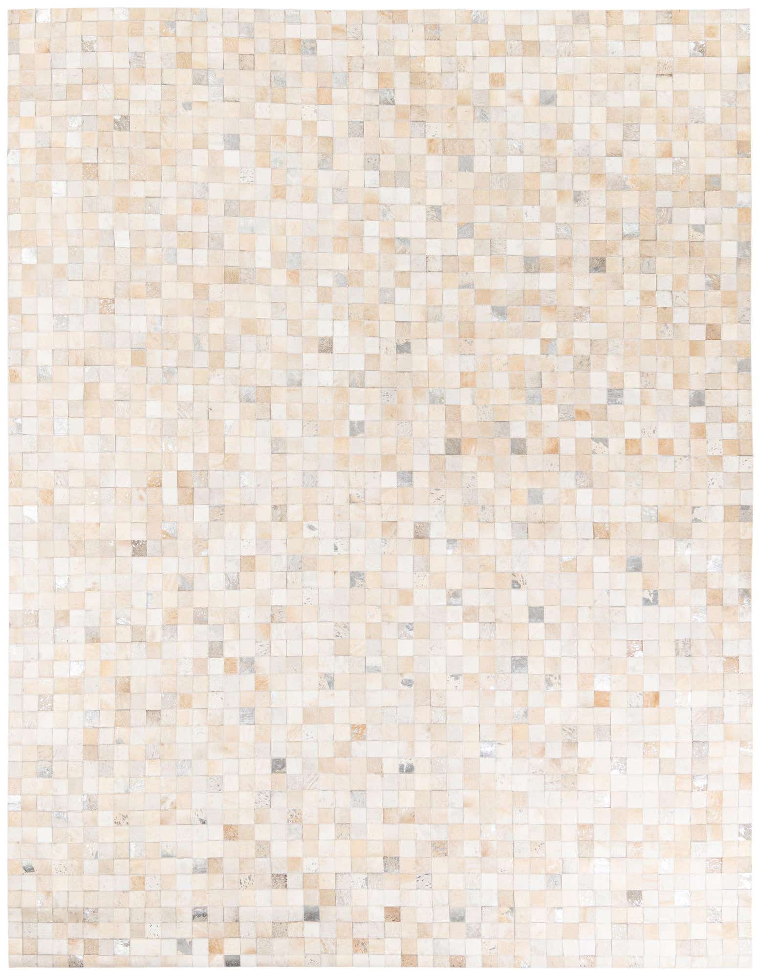 A rectangular 8x10 modern cowhide rug featuring a mosaic pattern of ivory, cream, and light beige squares.