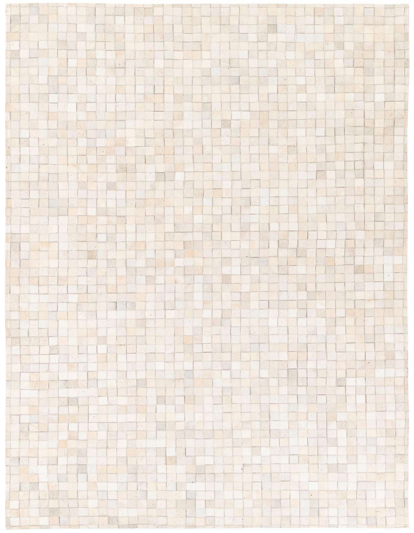 A 5x7 rectangular ivory and cream modern cowhide rug with a unique mosaic tile pattern, perfect for an indoor living space.