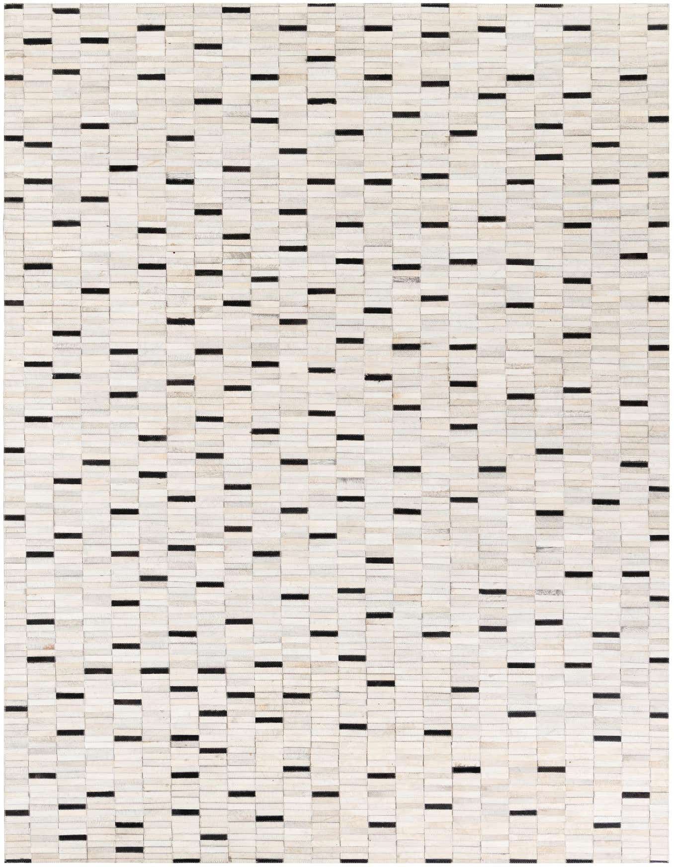 A 6x9 rectangular ivory modern cowhide rug with a repeating pattern of small black horizontal dashes.