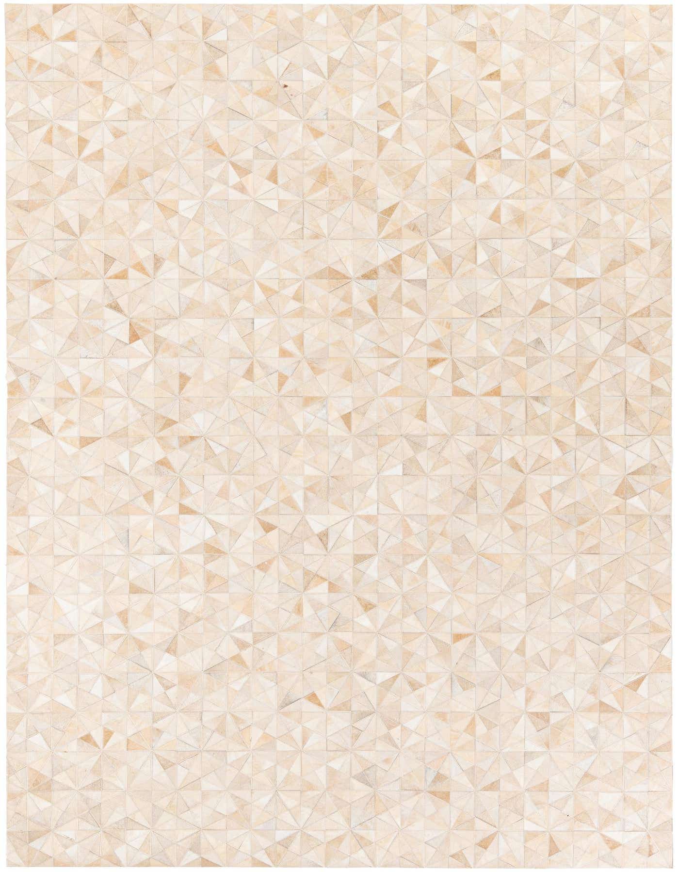 A 7x10 rectangular Cowhide Stocks rug in varying shades of ivory and cream, featuring a modern geometric pattern made from small triangular patches.
