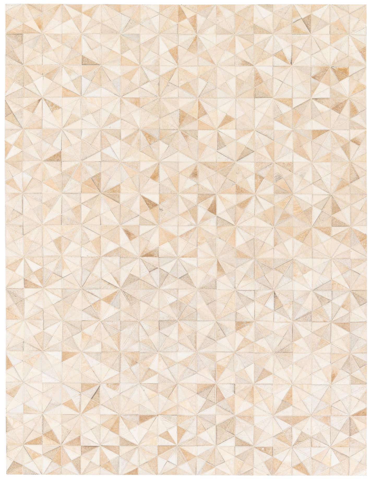 A 5x7 rectangular Cowhide Stocks rug featuring a modern geometric pattern in various shades of ivory and cream.