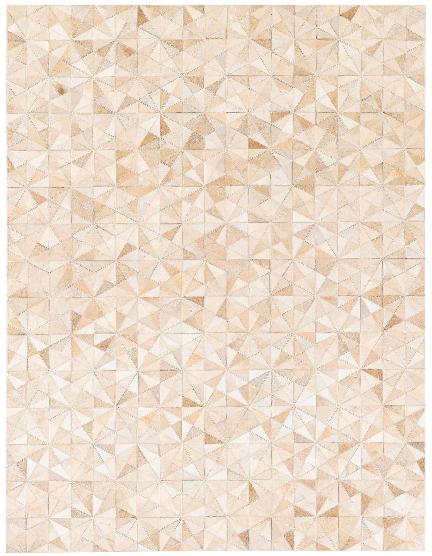 A 5x7 rectangular Cowhide Stocks rug featuring a modern geometric pattern in various shades of ivory and cream.