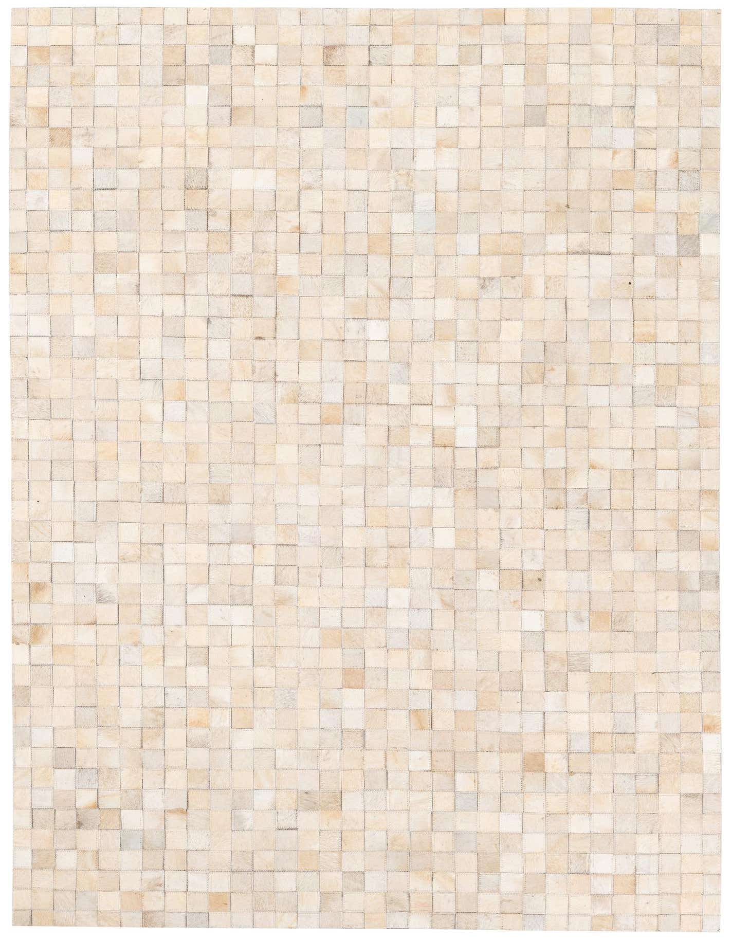 A 4x6 rectangular Cowhide Stocks rug from Rugs.com, featuring a modern patchwork of ivory and cream cowhide squares.