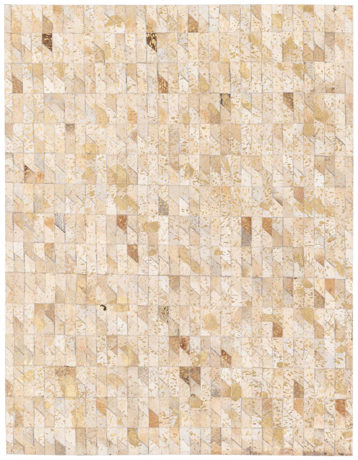 A 4x6 rectangular modern Cowhide Stocks rug in various ivory and cream tones with a patchwork pattern.