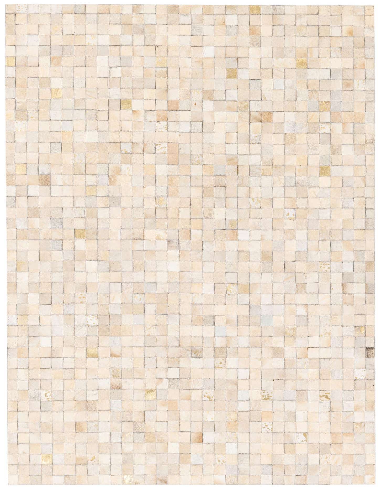 A 4x6 rectangular Cowhide Stocks rug from Rugs.com, featuring a modern patchwork of ivory and cream cowhide squares.