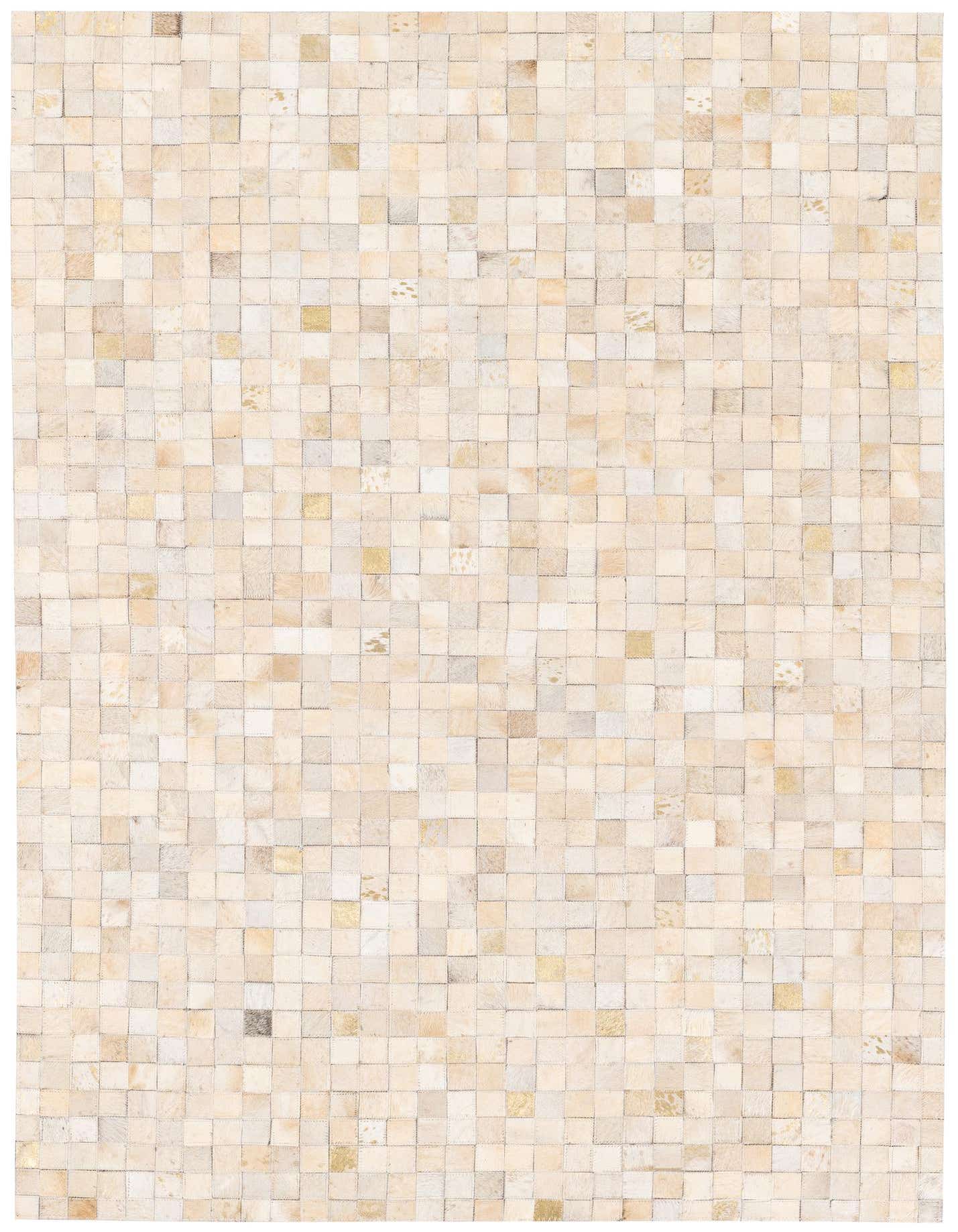A 4x6 rectangular Cowhide Stocks rug featuring a modern patchwork of ivory and cream cowhide squares.