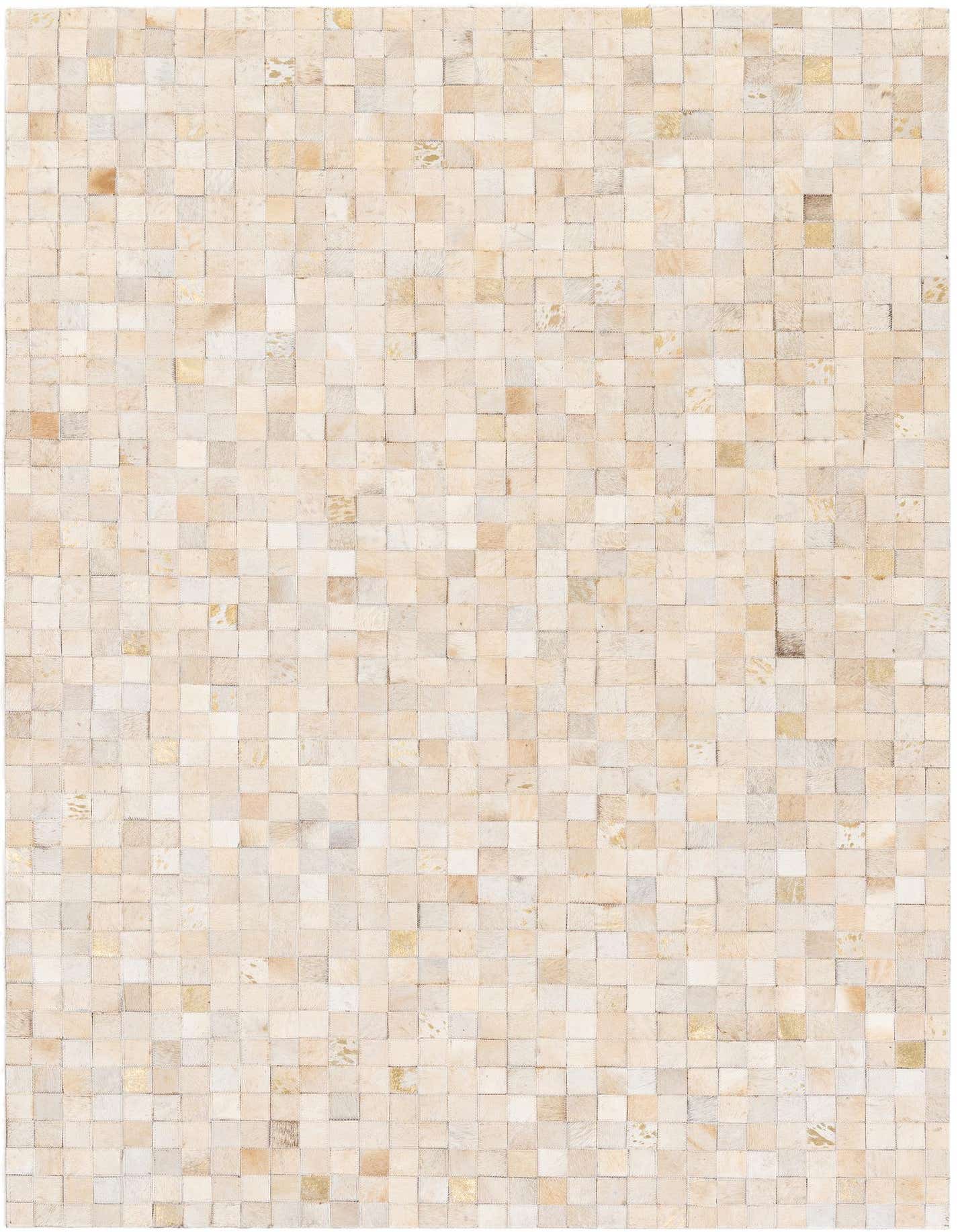 A 4x6 rectangular modern rug made from ivory and cream cowhide and leather patches, perfect for a living room.