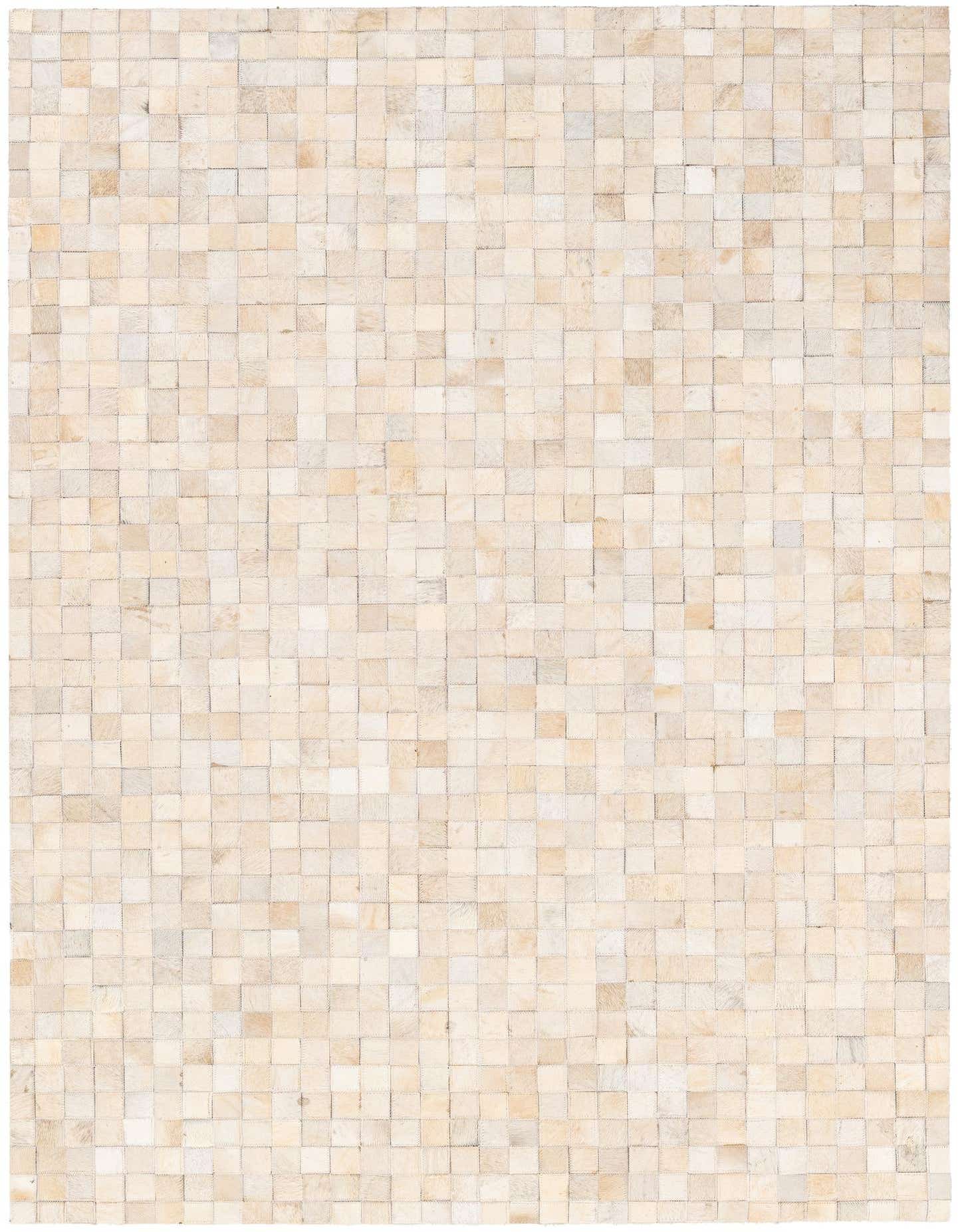 A 4x6 rectangular Cowhide Stocks rug in varying shades of ivory and cream, featuring a modern patchwork of small squares.