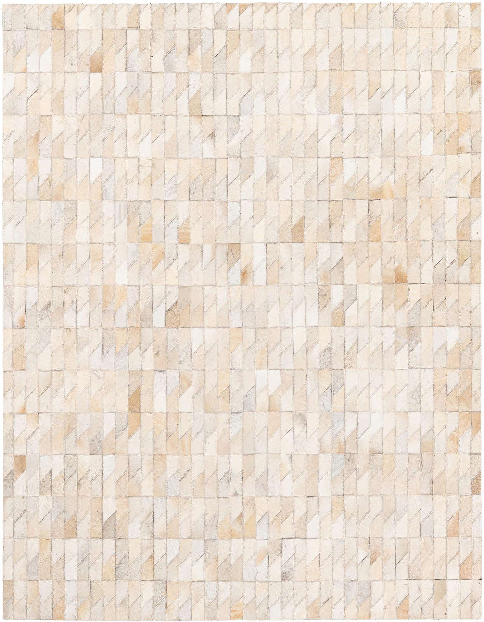 A 4x6 rectangular modern rug made from ivory and cream cowhide and leather patches, perfect for a living room.