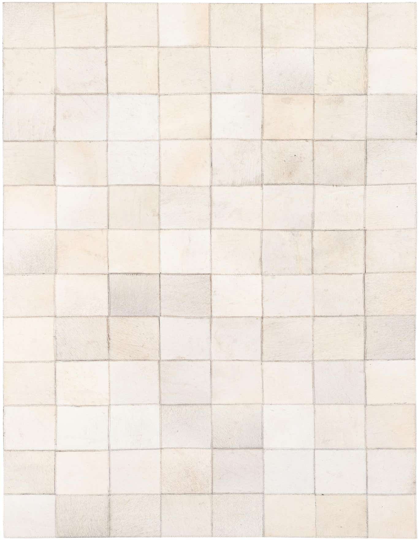 A 4x6 rectangular Cowhide Stocks rug by Rugs.com featuring a modern patchwork of ivory and cream cowhide squares.