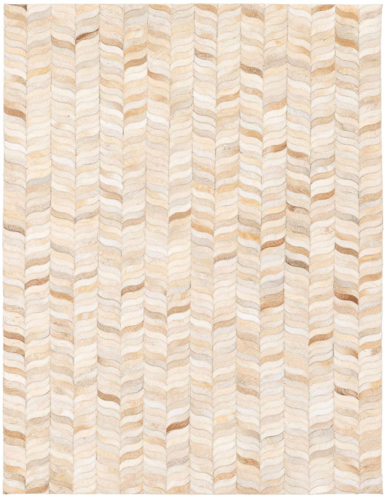A 4x6 rectangular rug featuring a modern chevron pattern in various shades of ivory and cream cowhide.