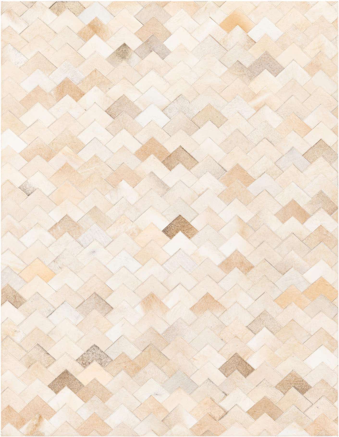 A 4x6 rectangular Cowhide Stocks rug featuring a modern chevron pattern in various shades of ivory and cream.