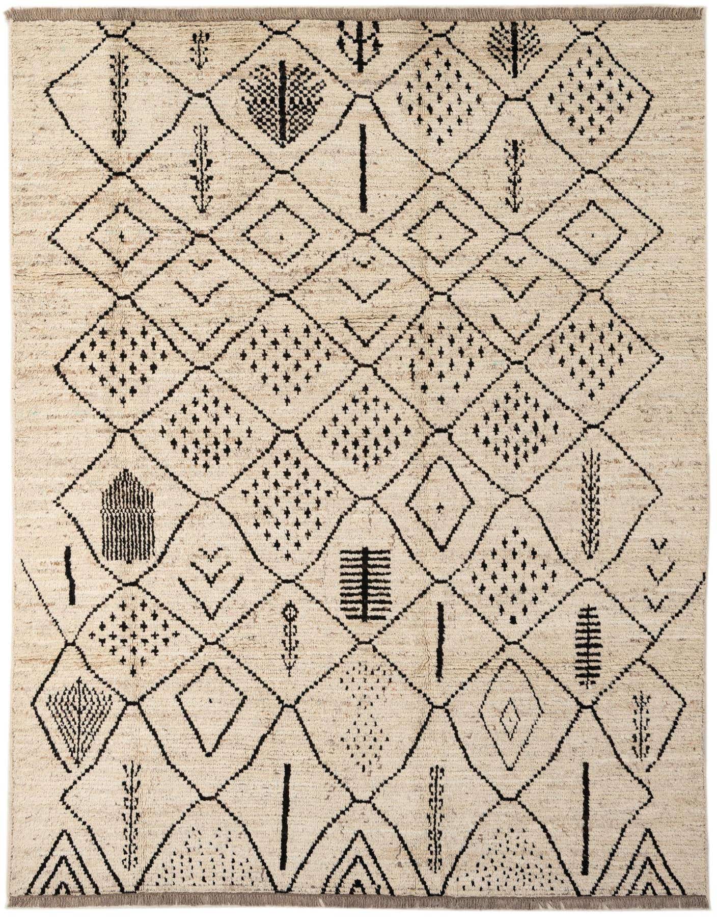 A 6x9 rectangular ivory modern wool rug with a black geometric diamond pattern and abstract tribal motifs.