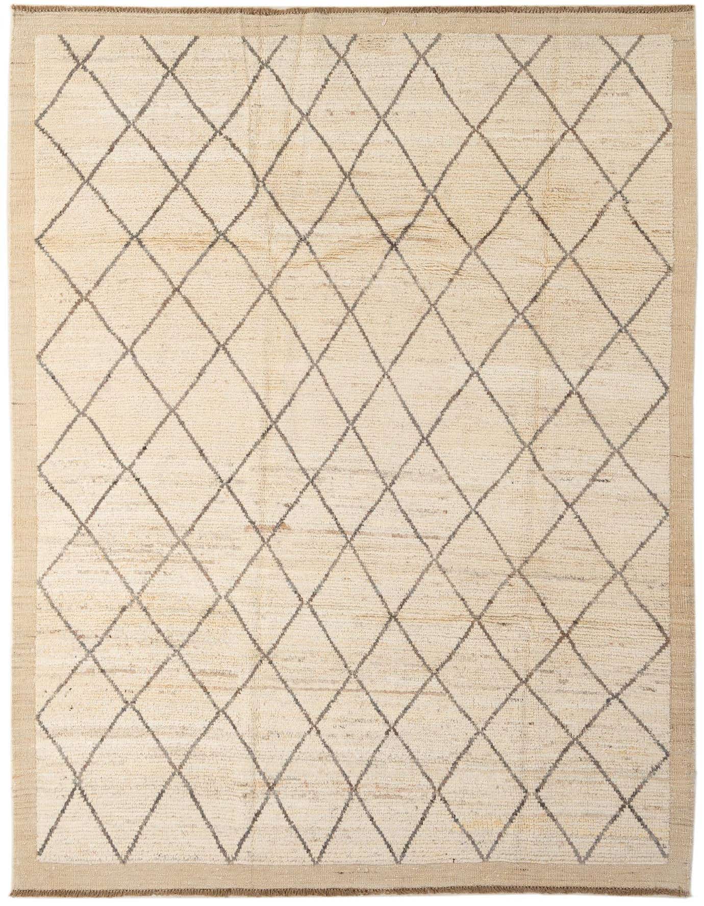 A 6x9 rectangular ivory wool rug with a modern diamond pattern in gray, featuring a subtle border.