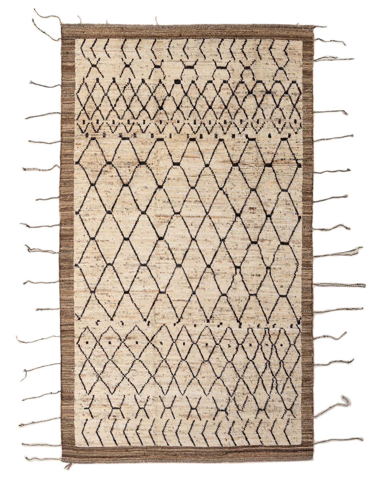 A 7x10 rectangular ivory and brown wool rug with a modern geometric diamond pattern and fringe.