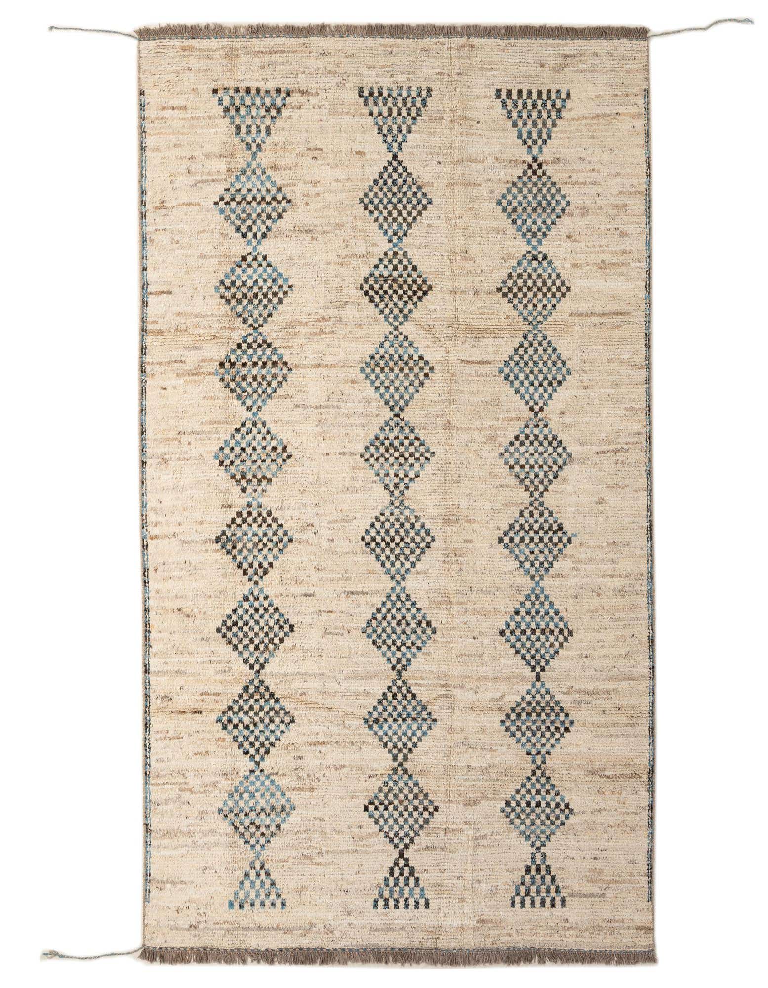 A 6x9 rectangular Darya rug with an ivory background and three vertical rows of modern blue and black diamond patterns.