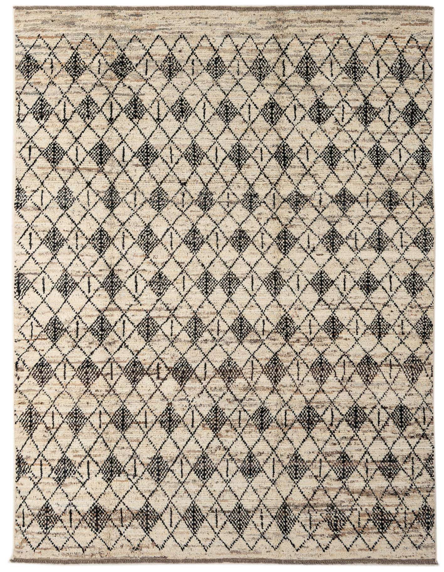 A 6x9 rectangular ivory wool rug with a modern diamond pattern in black and brown, suitable for a living room.