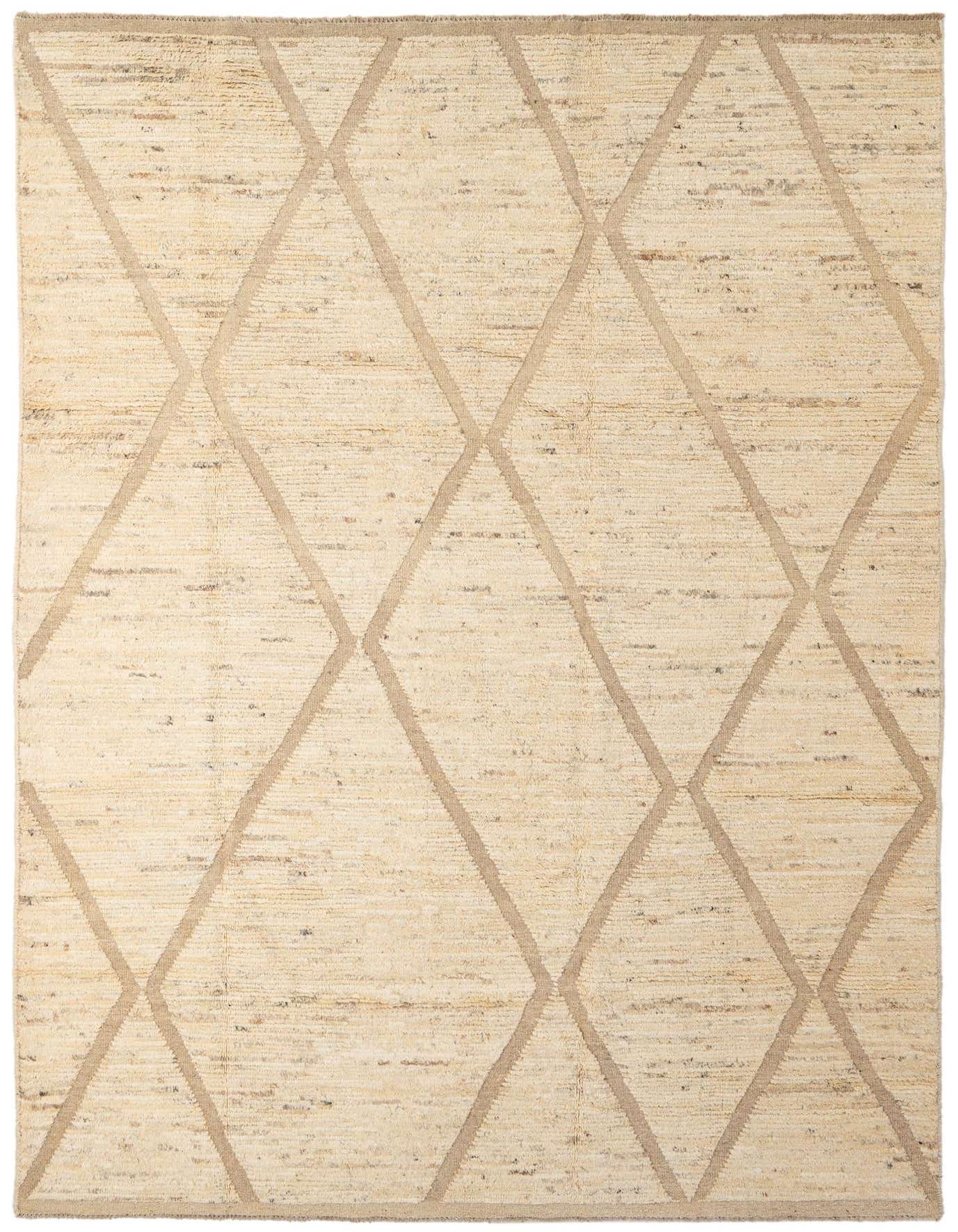 A 7x10 rectangular ivory wool rug with a modern geometric diamond pattern in a slightly darker cream tone.