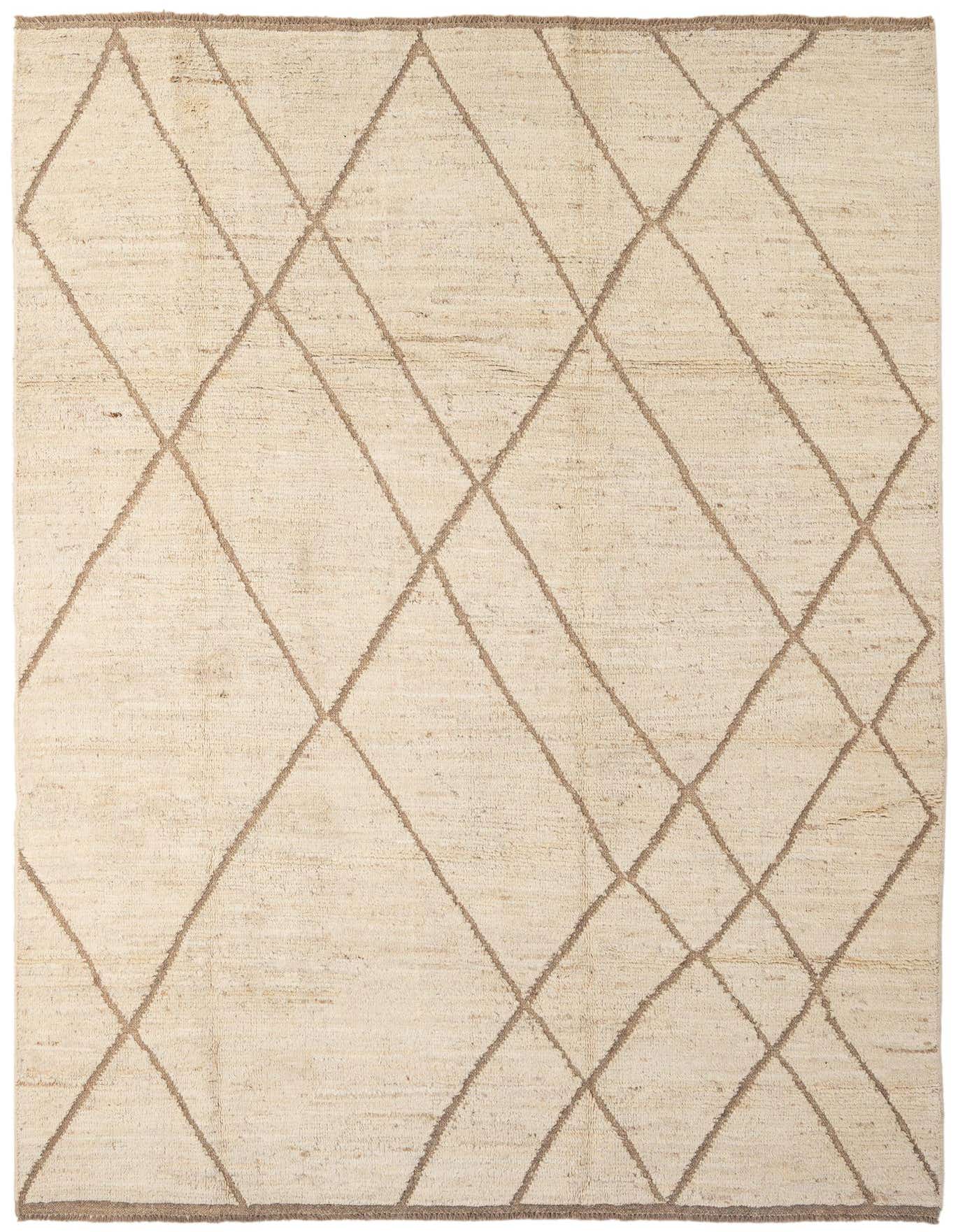 A 7x10 rectangular ivory wool rug with a modern diamond pattern in a natural beige tone, suitable for a living room.