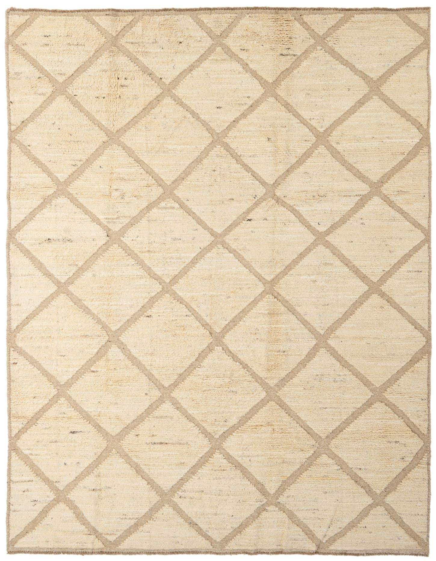 A 6x9 rectangular ivory wool rug with a modern geometric diamond pattern, suitable for a living room.