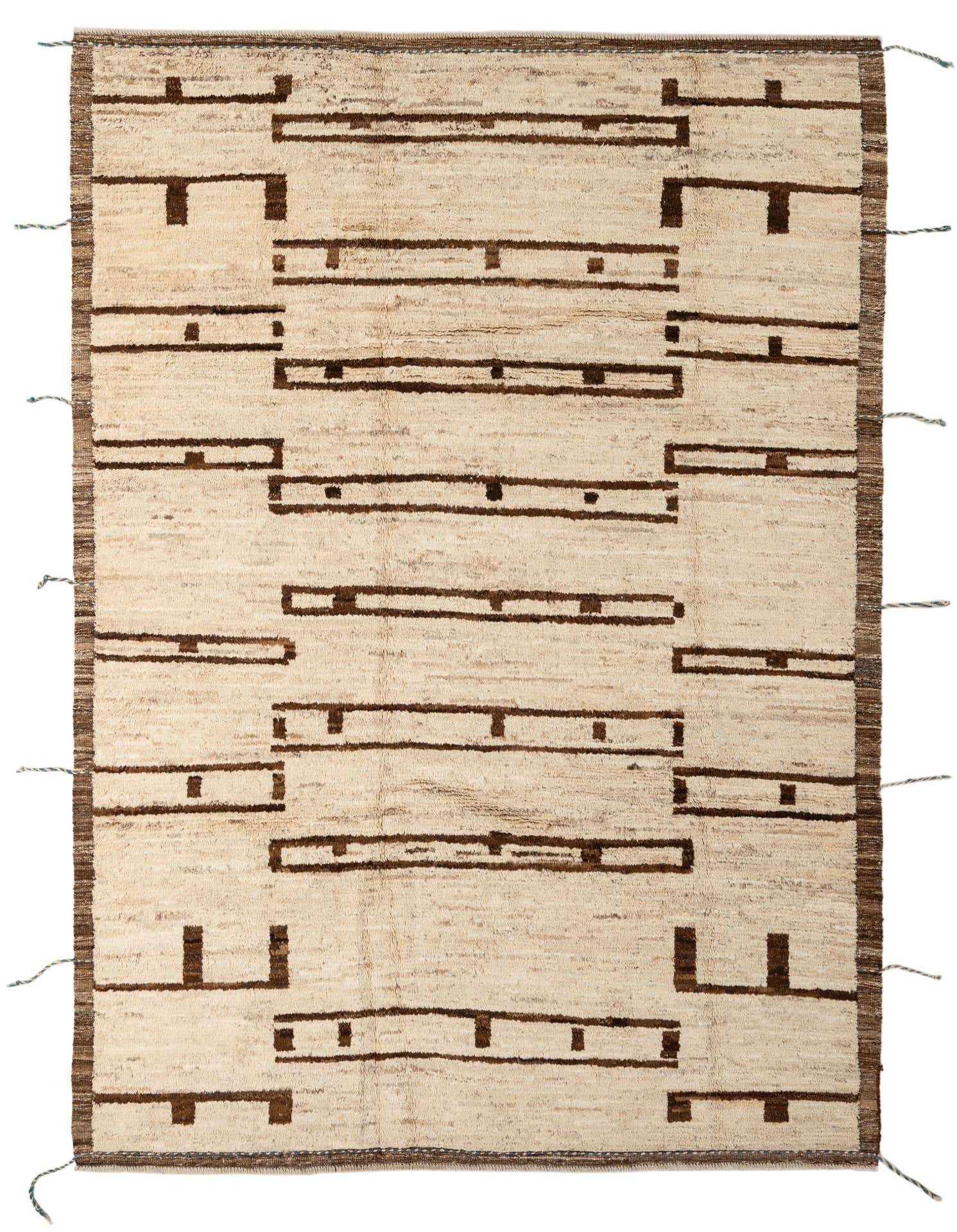A 7x10 rectangular ivory wool rug with a modern pattern of horizontal dark brown lines and small rectangles, featuring a medium pile.