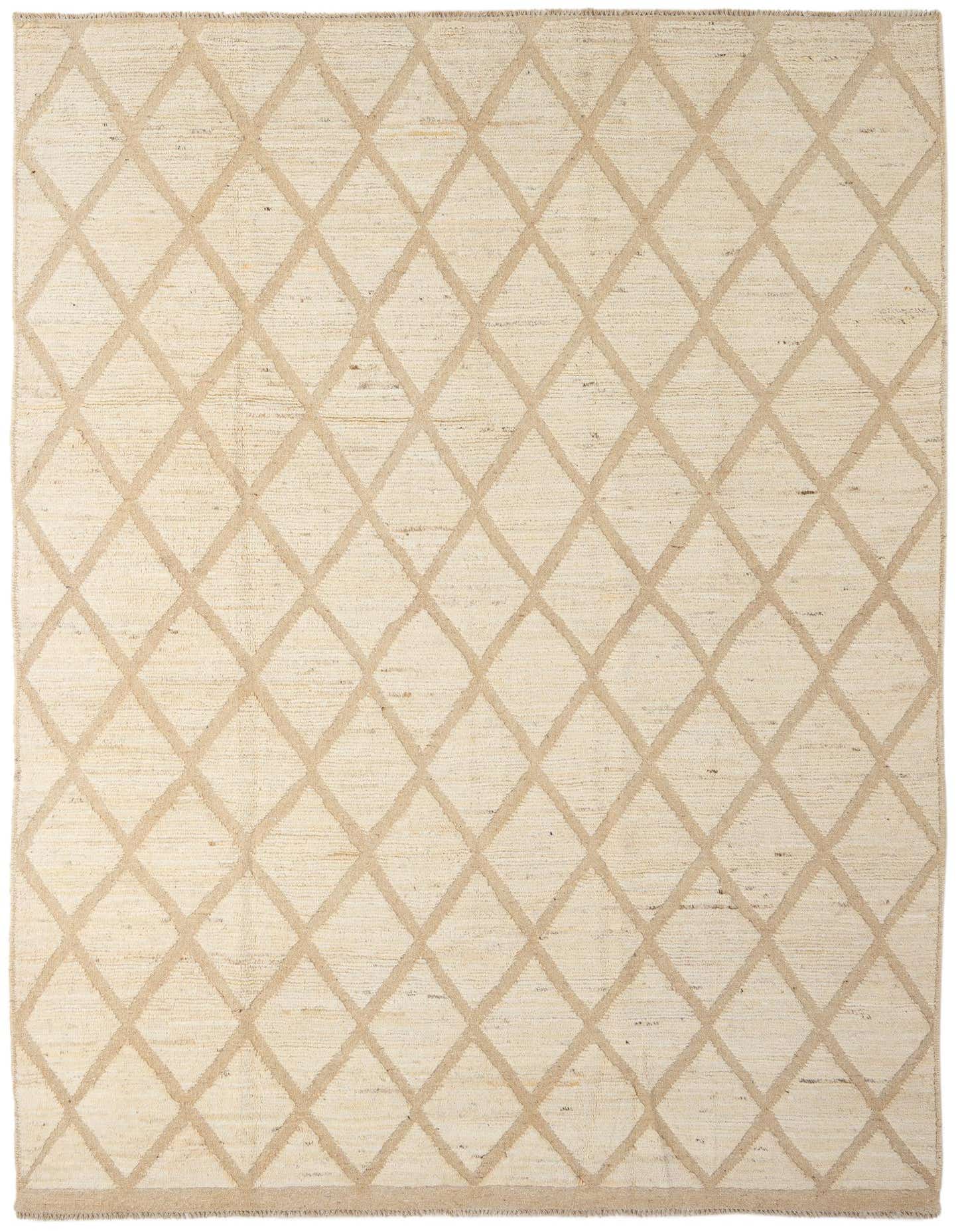 A 7x10 rectangular ivory wool area rug with a modern diamond pattern, suitable for a living room.
