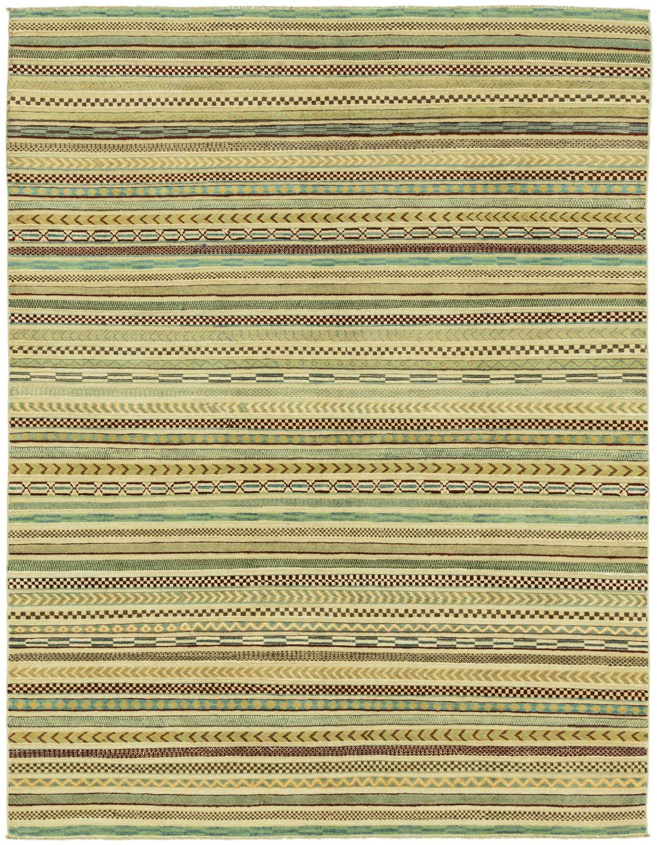 A 6x9 rectangular Darya rug with horizontal stripes in various shades of ivory, cream, green, and blue, featuring intricate geometric and arrow patterns.