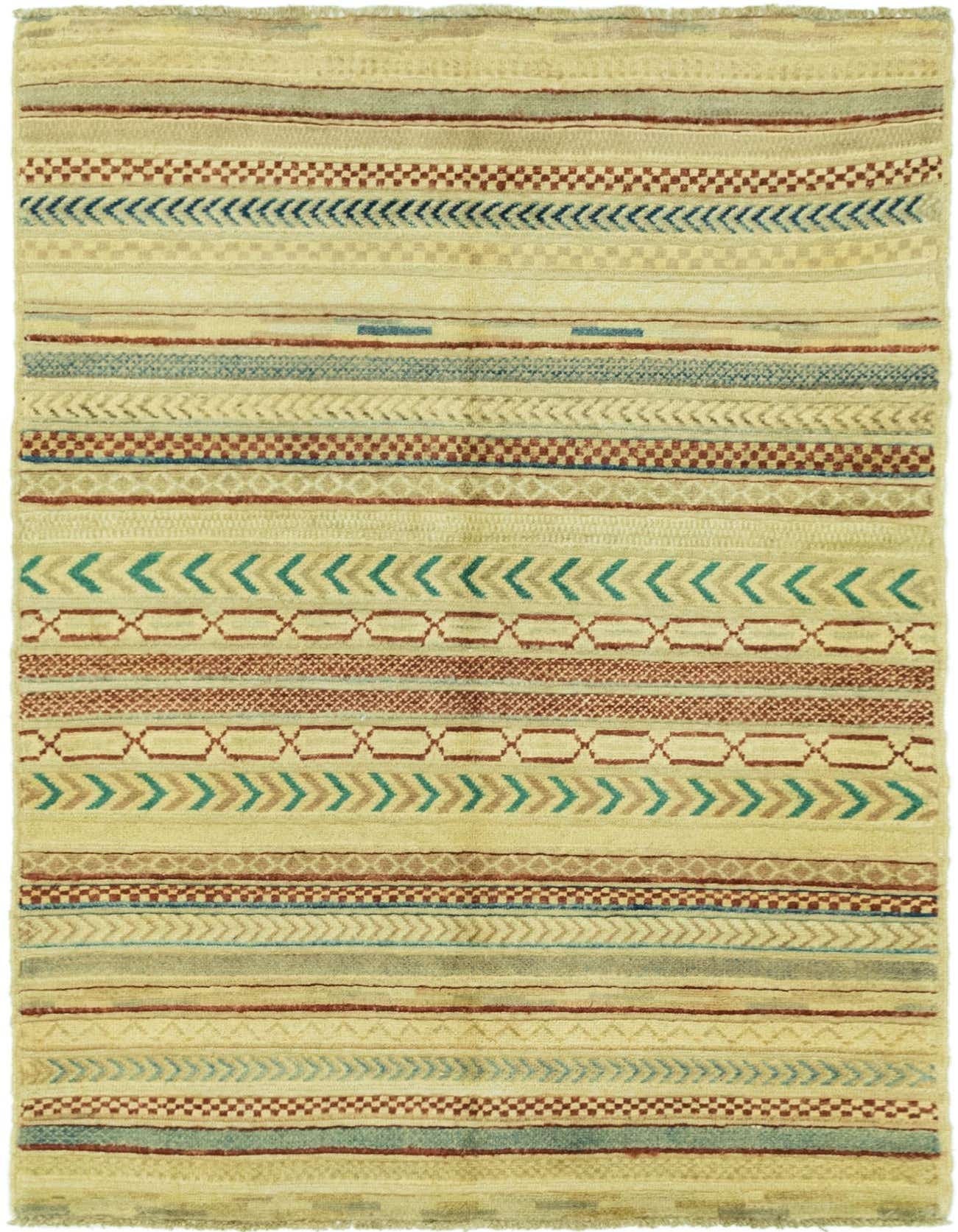 A 3x5 rectangular ivory and cream rug with varied horizontal stripes in blue, teal, and rust geometric patterns.