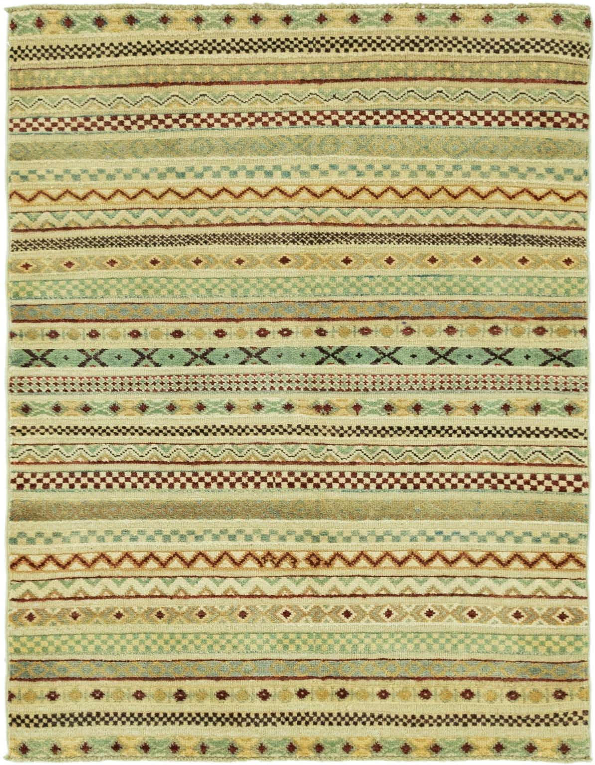 A 3x5 rectangular Darya rug with varied stripes in ivory, cream, green, and brown, featuring geometric and tribal patterns.