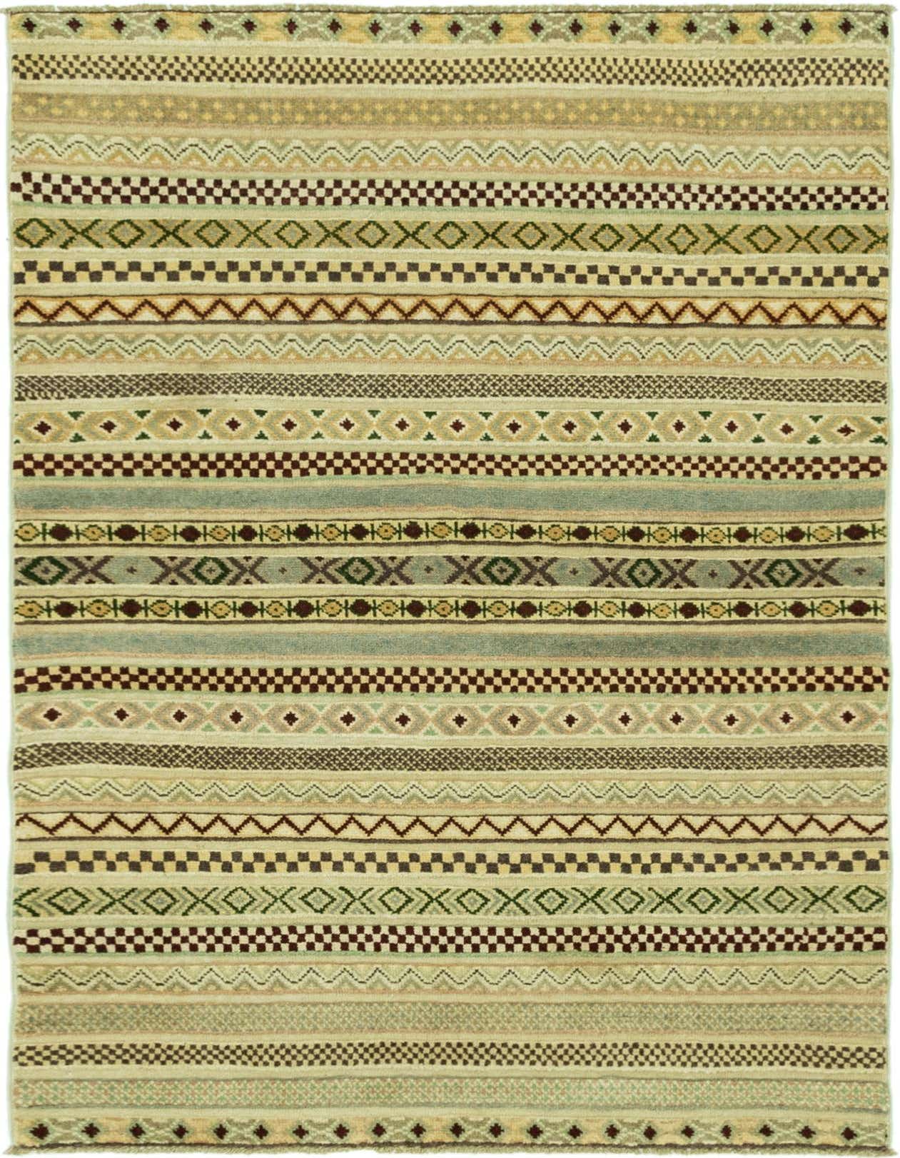 A rectangular 3x5 Darya rug featuring diverse horizontal stripes in ivory, cream, green, and brown with geometric and tribal patterns.
