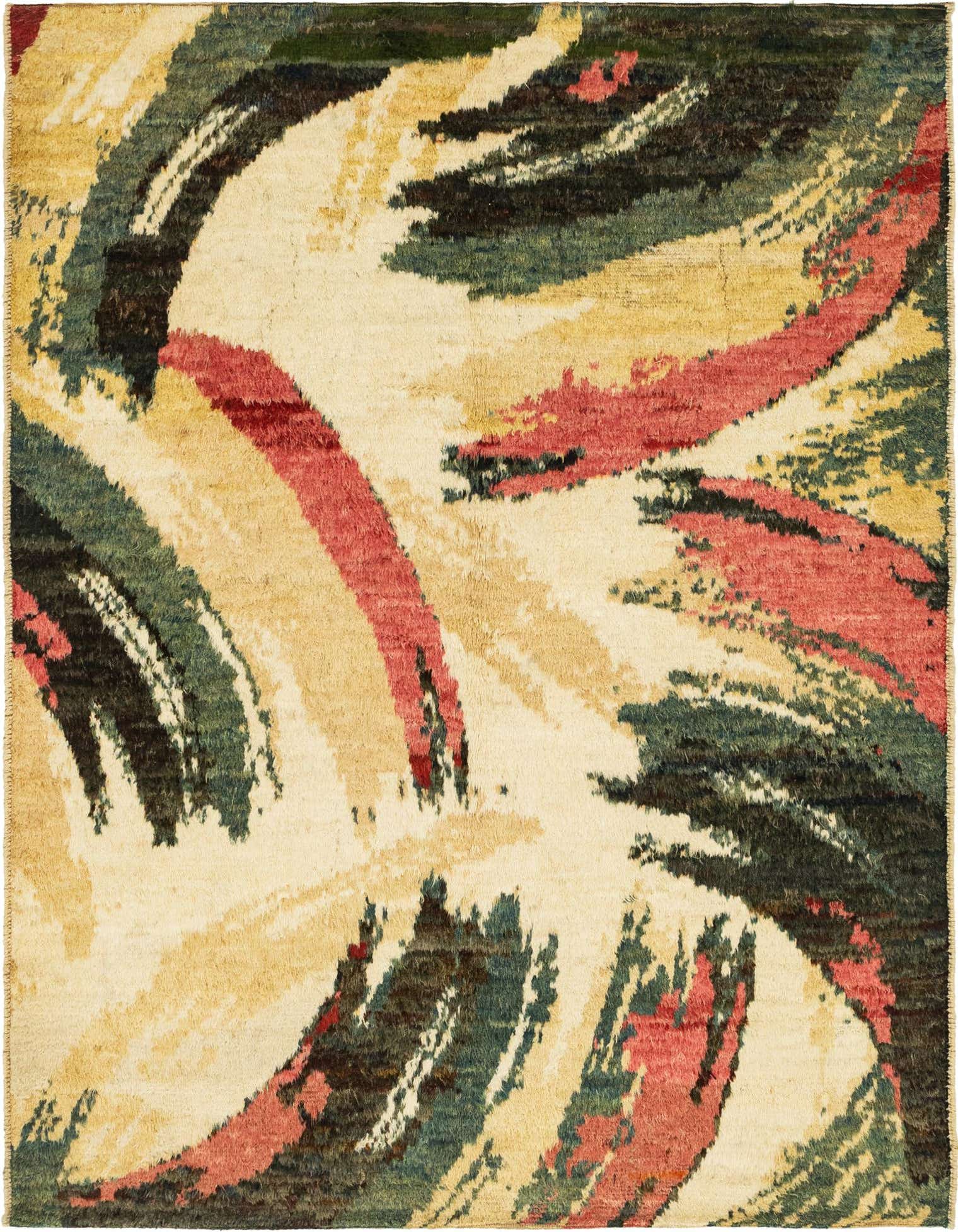 A 7x10 rectangular Darya rug with an abstract pattern in ivory, cream, gold, red, and deep green, suitable for a living room.
