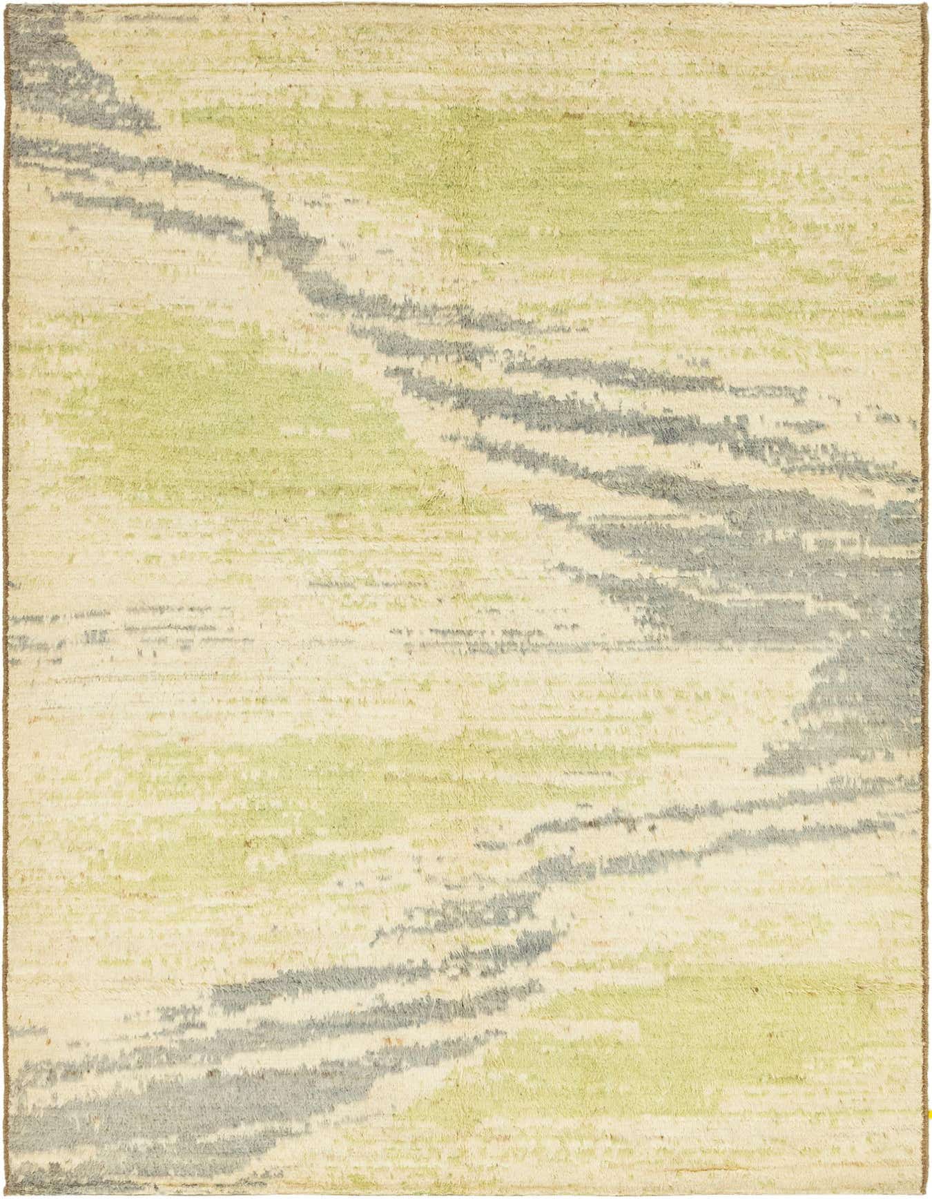 A 6x9 rectangular Darya rug with an abstract pattern in ivory, cream, light green, and gray, suitable for a living room.