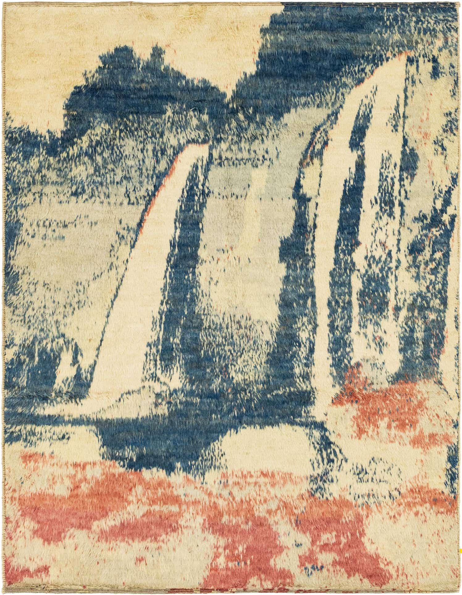 A 7x10 rectangular Darya rug with an abstract modern pattern in ivory, cream, deep blue, and hints of coral, suitable for a living room.