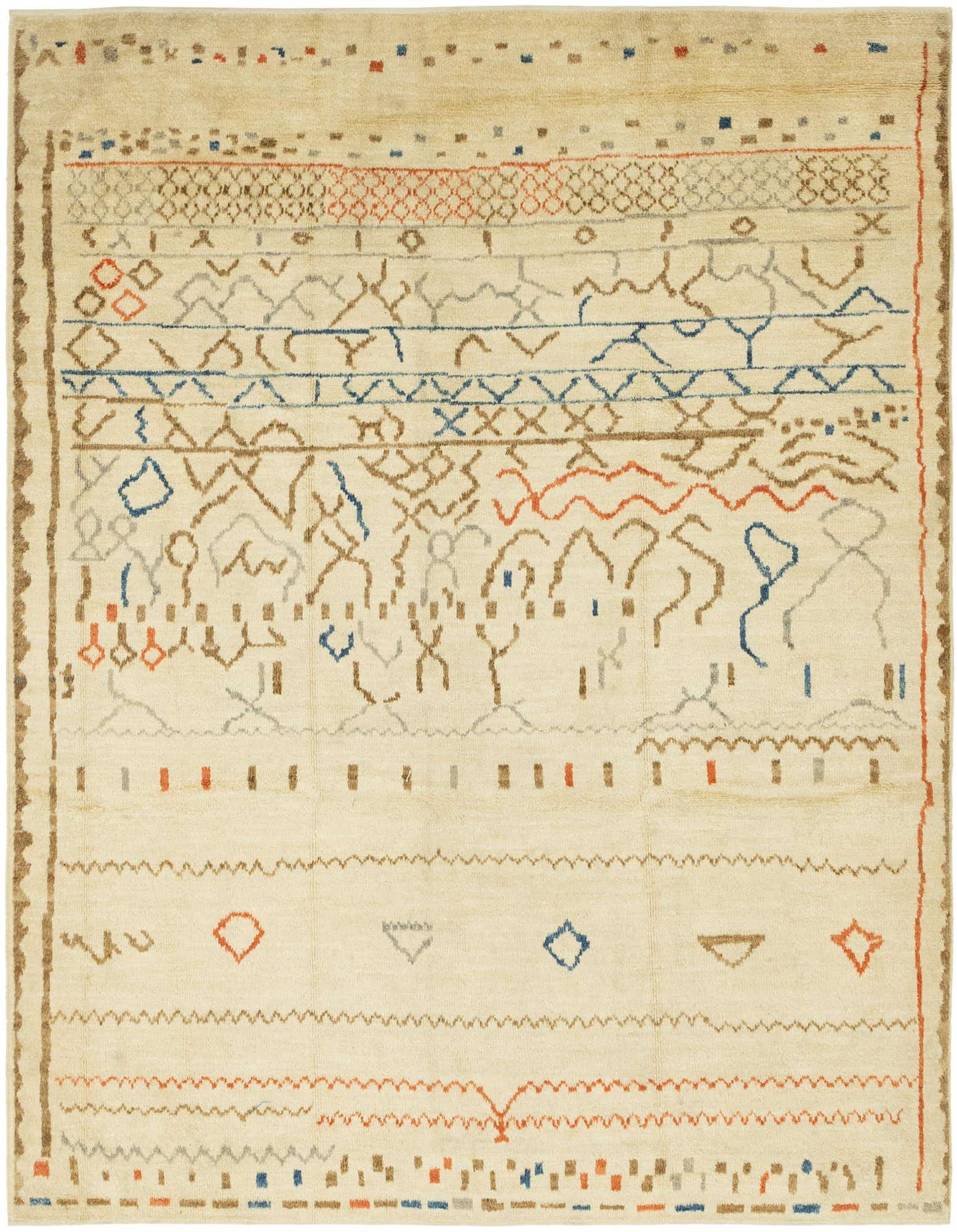 A 9x12 rectangular ivory wool rug with a Southwestern tribal pattern featuring abstract shapes in blue, brown, and orange.