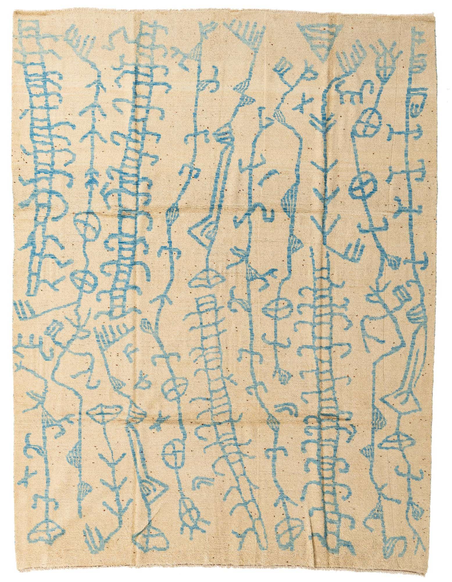 An 8x10 rectangular ivory wool rug with a high pile, featuring an abstract modern blue pattern.