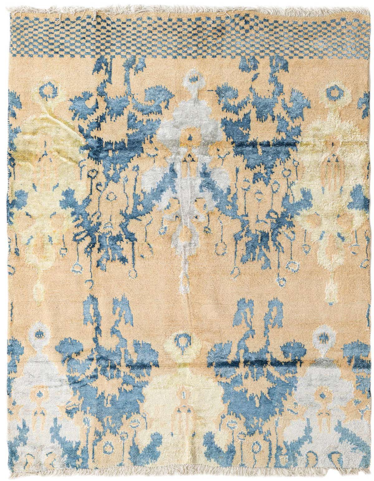 A rectangular 5x8 Darya rug from Rugs.com with an abstract pattern in ivory, cream, and blue, featuring a high pile.