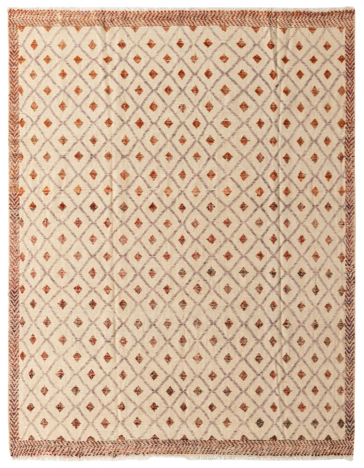An 8x11 rectangular ivory wool rug with a modern abstract diamond pattern in varying shades of brown and purple, featuring a textured border.