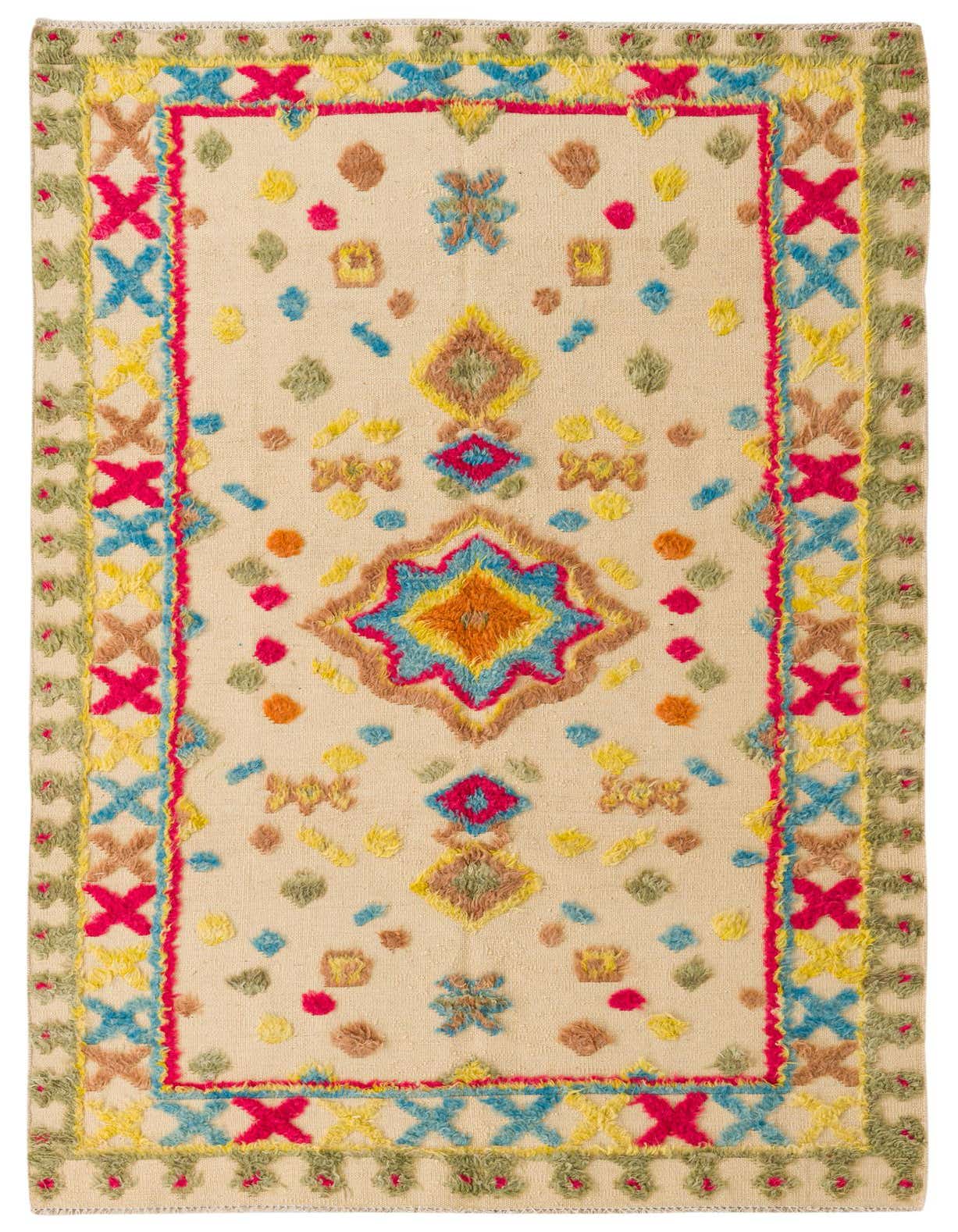 A 5x8 rectangular Darya rug with an ivory background and colorful modern geometric patterns in pink, blue, yellow, and green.