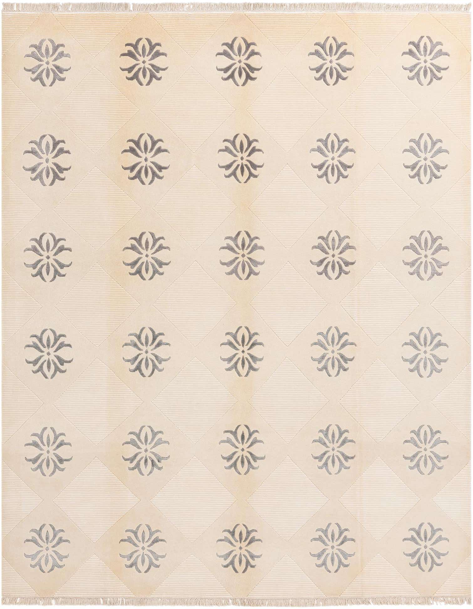 An 8x10 rectangular ivory wool rug with a modern oriental pattern of repeating gray floral medallions within diamond shapes.