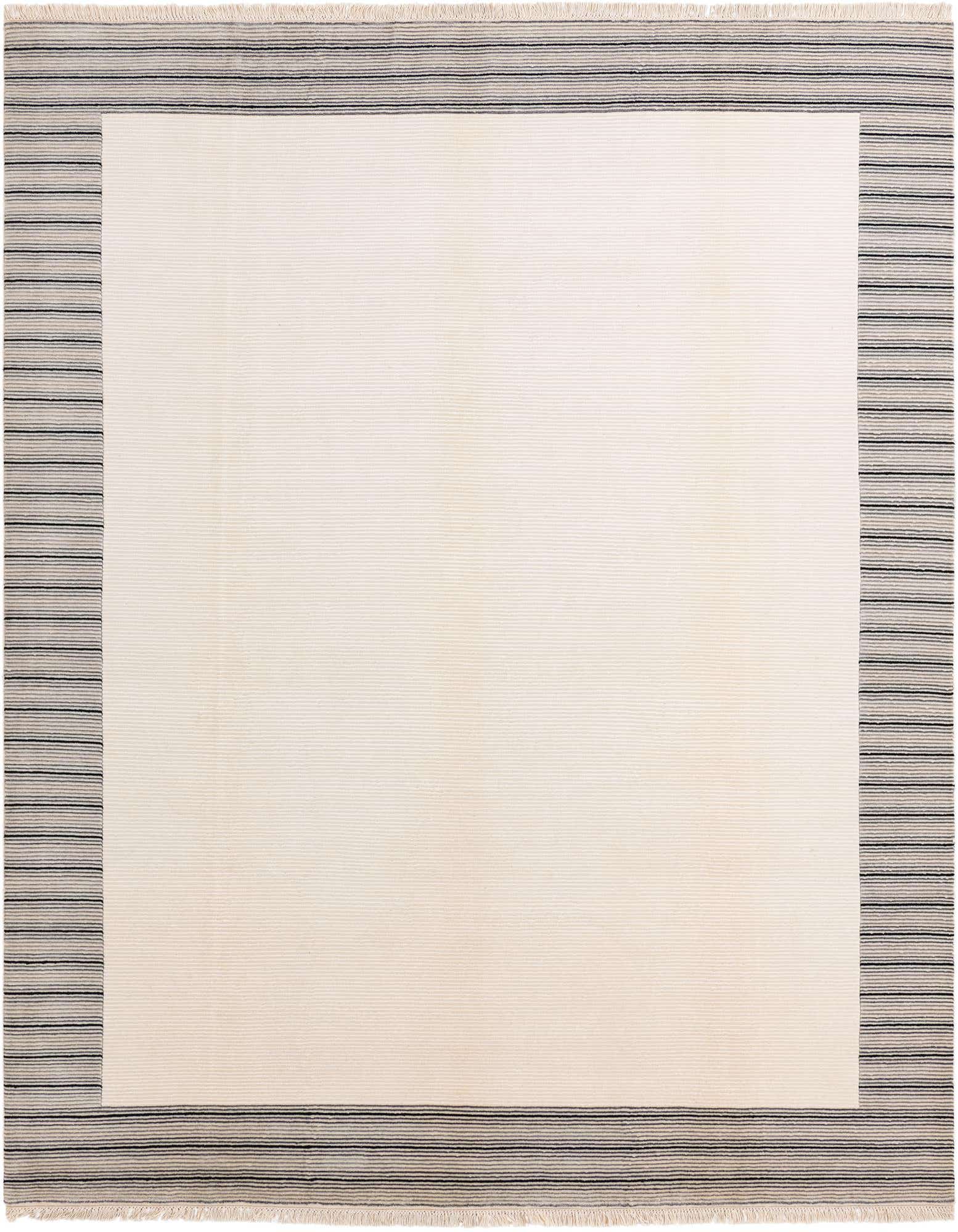 An 8x10 rectangular ivory wool rug with a modern oriental style, featuring a wide border of thin black and grey stripes.