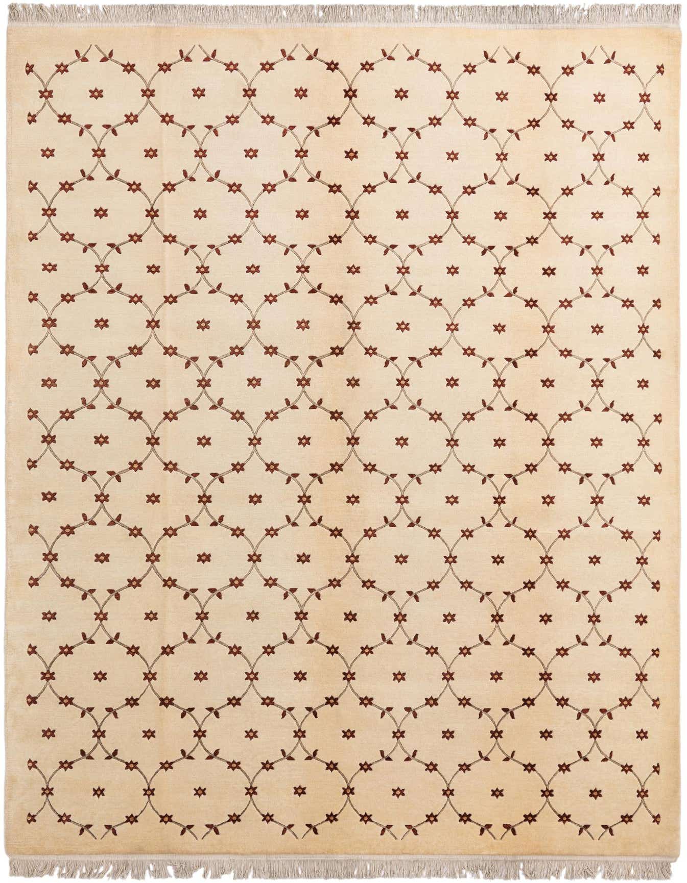An 8x12 rectangular ivory wool rug with a repeating modern oriental pattern of interconnected circles and small red floral motifs.