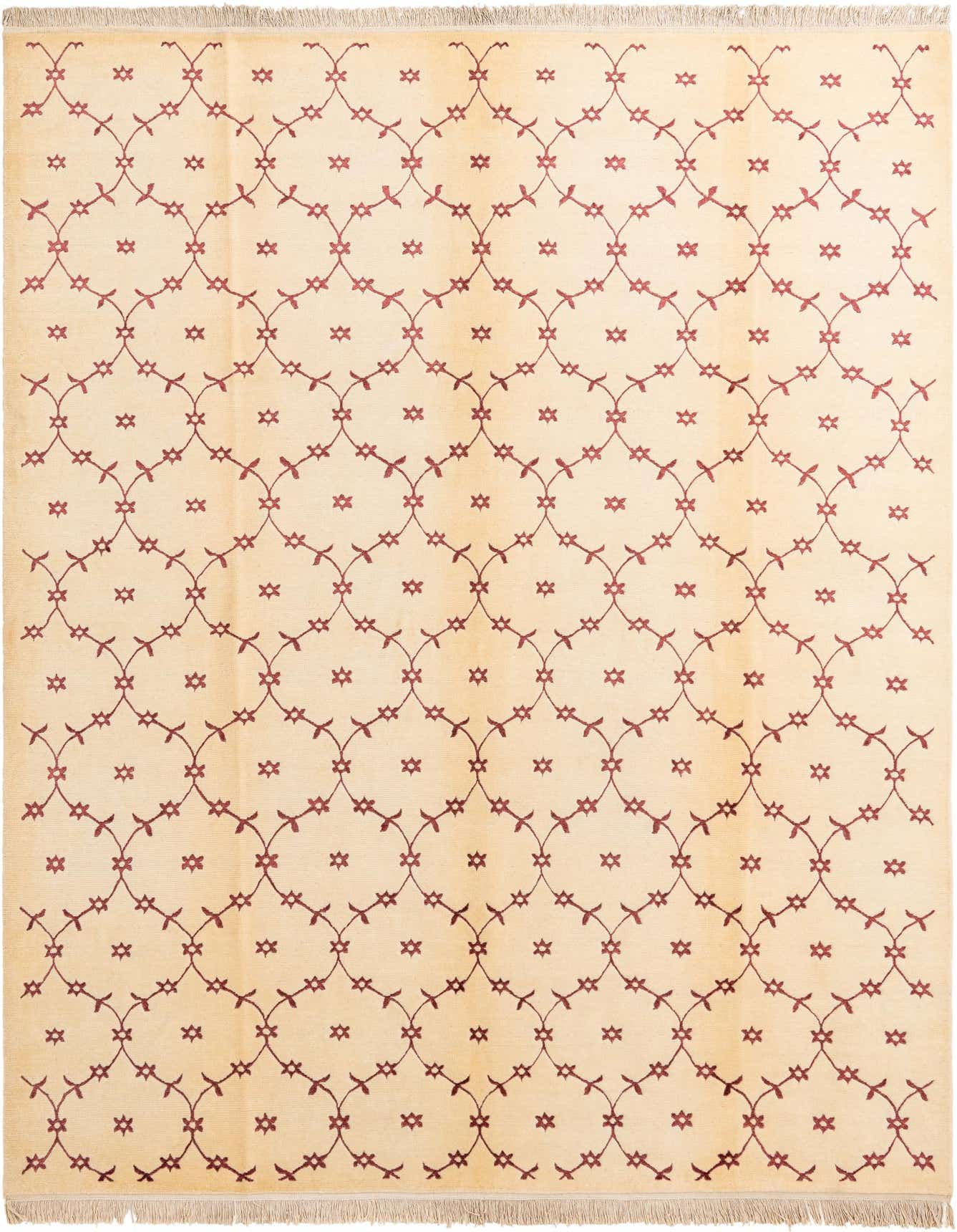 An 8x11 rectangular ivory wool rug with a repeating modern oriental pattern of connected red floral motifs.